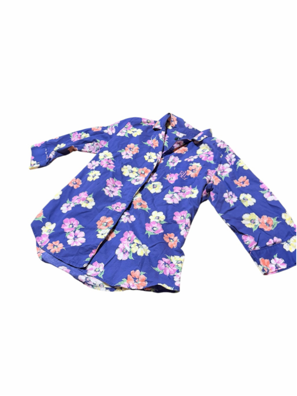Ralph Lauren Women Navy Floral Bohemian Fairy Garment Top Size M pit to pit 20”